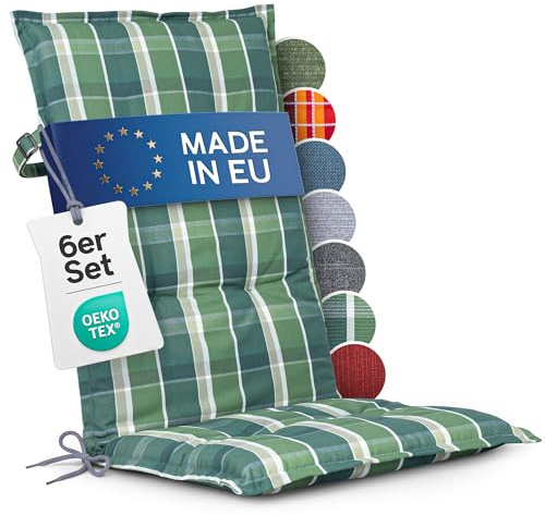 Homeoutfit24 Hochlehner Auflagen, Made in EU, 6er Set, Grün-Kariert | 120x50 cm, Gartenstuhlauflagen Sitzauflagen, Oeko-Tex zertifiziert, Hochlehner Polster