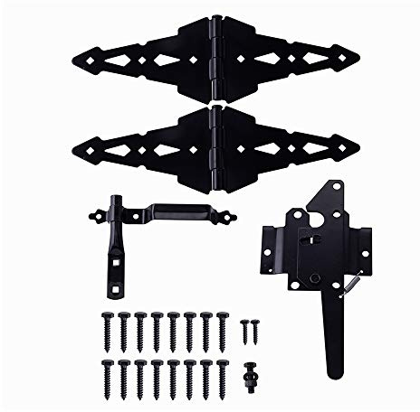 HOME MASTER HARDWARE Wood Gate Hardware Set - Heavy Duty 8 Decorative Strap Hinges and Spring Loaded Latch Kit with Screws for Outdoor Fence Swing Gate Black Finish