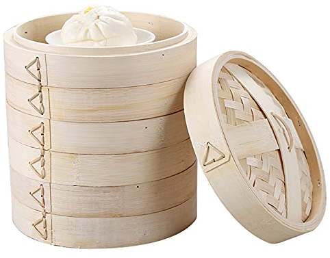 3 Tier Natural Bamboo Steamer - Handmade Dumpling Steamer Basket with Lid for Dim Sum Fish and Rice Cooking