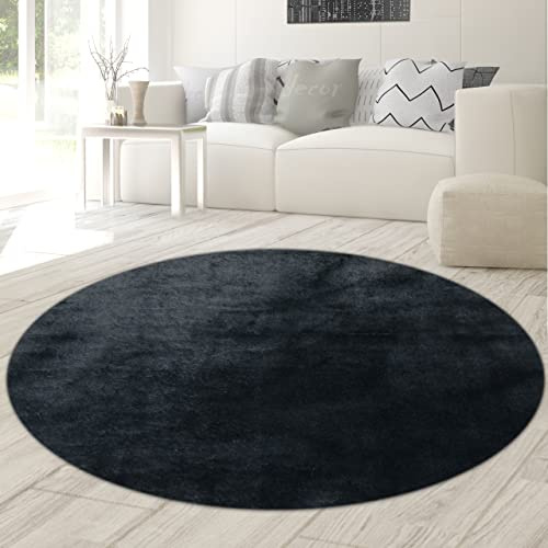 Teppich-Traum Moderner Teppich Rund Waschbar Einfarbig Schwarz Ø 200 cm | Kuschelig und weich, bis 30 °C waschbar, pflegeleicht, rutschfest, langlebig, saugrobotergeeignet, Flur & Schlafzimmer