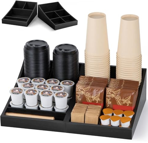 ANBOXIT Kaffee Organizer, Holz Kaffeestation Zubehör Organizer für Kaffeeecke, Kaffeebar Regal, Kaffee Gewürz Tablett für Zuhause und Büro (9 Fächer, 2 in 1)