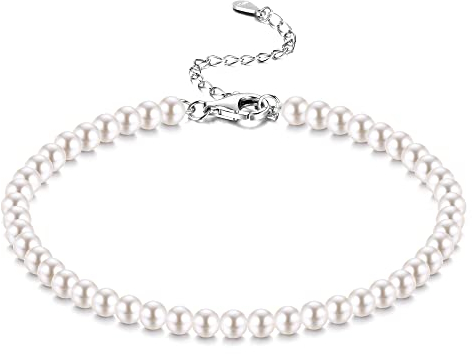 JeweBella 4MM/6MM/8MM Perlenarmband Damen Silber 925 Armband Perlen für Frauen Mädchen Länge 18+6CM Verstellbar Klassische Weiß Pearls Armband mit Box