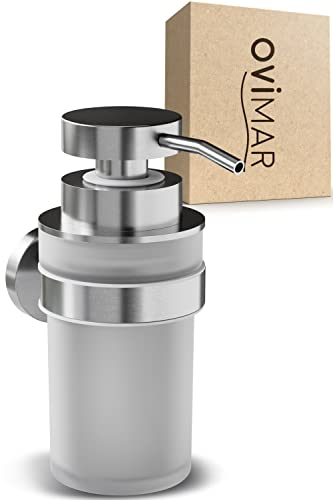 ovimar Seifenspender Kegnaes Silber | mit Wandmontage zum Bohren | aus Edelstahl und Glas | extra große Öffnung leicht wiederbefüllbar | für Bad oder Küche | Desinfektionsmittelspender