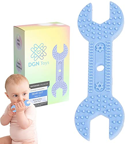 Baby Beissring für Kleinkinder ab 3 Monate BPA Frei | Lebensmittel Silikon | Zahnungshilfe | Schraubenschlüssel Form | Lindert Zahnungsschmerzen | DGN Toys Pastel Blau