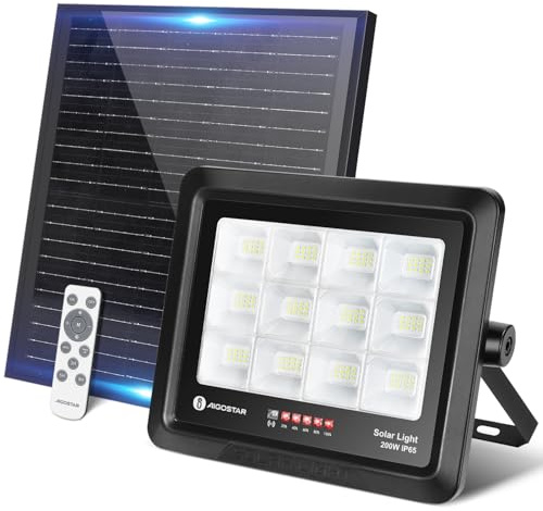 Aigostar Solarstrahler Außen Mit Fernbedienung 200W LED Strahler Außen Solar, Kaltweiß 6500K,IP65 Wasserdicht Solar Außenstrahler Einstellbare Helligkeit und Timing für Garten, Hof, Garage, etc