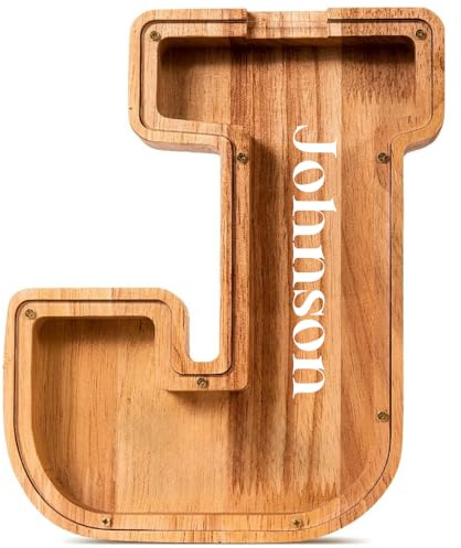 Personalisierte Spardose für Kinder,Spardose für Jungen und Mädchen,Spardose aus Holz mit großen Buchstaben,bruchsichere,lustige Geschenke für Geburtstage,Weihnachten(Buchstabe-J)
