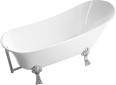 BERNSTEIN Freistehende Badewanne Sanitäracryl Nostalgie Wanne mit Doppelwand Konstruktion 176 x 71 x 77 cm - Paris in Weiss glänzend - Standfüße in Weiß, Inkl. 1414 Chrom Armatur