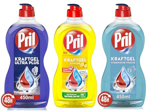 PRIL Kraftgel-Set 1x Ultra Plus & 1x Zitrone & 1x Hygienische Frische, Handgeschirrspülmittel-Set mit höchster Fettlösekraft, für sauberes Geschirr auch in kaltem Wasser, 3x 450ml