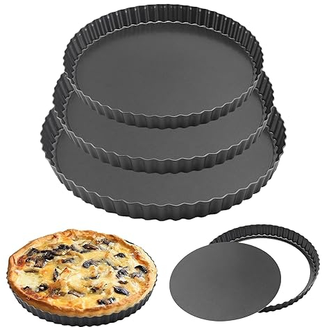Juego de 3 moldes para quiche con base suelta (20/22/23 cm, 7.8/8.7/9.1 pulgadas), molde individual para tartas, plato de quiche con parte inferior extraíble, bandejas antiadherentes para hornear,