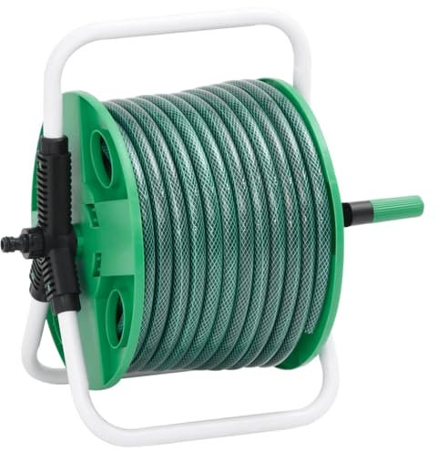 vidaXL Carrete de Manguera de pie con Set racores PVC Verde 0,5 30 m, portamanguera, enrollador de Manguera, Colgador de Manguera, portamangueras