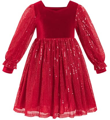 Odizli Kinder Mädchen Herbst Winter Langarm Glitzer Pailletten Prinzessin A-Linie Samt Weihnachten Kleider