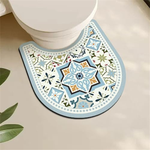 Highdi Tapis de Toilette Style Ethnique en Diatomite - Sechage Rapide Absorbant Antidérapant Contour WC Lavable (Bleu Clair)