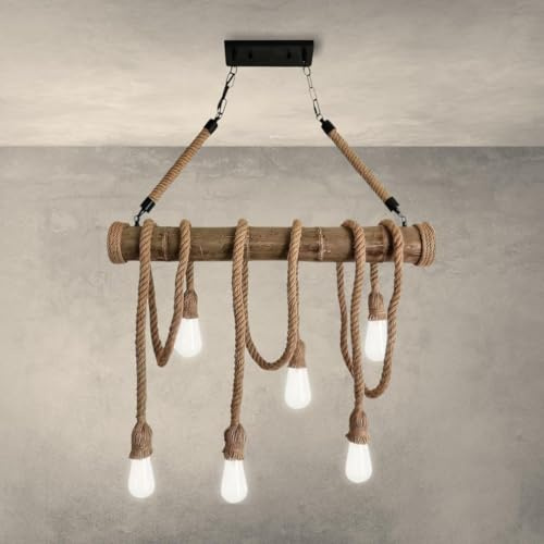 TEKHOME Lampadario Industriale Vintage in Corda di Canapa e Bambù, 6 Luci E27, Stile Rustico Loft per Sala da Pranzo Cucina Bar – B23-6