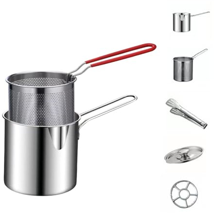 2 Set Deep Fat Fryer Pot with Oil Filter Basket,Stainless Steel Chip Pan,Mini Fryers French Fries Pot, Tempura Chips,Pasta Making Basket Heating Food Pot,Fish, Chicken Handle Fryer (1.2L (12X12x12cm))