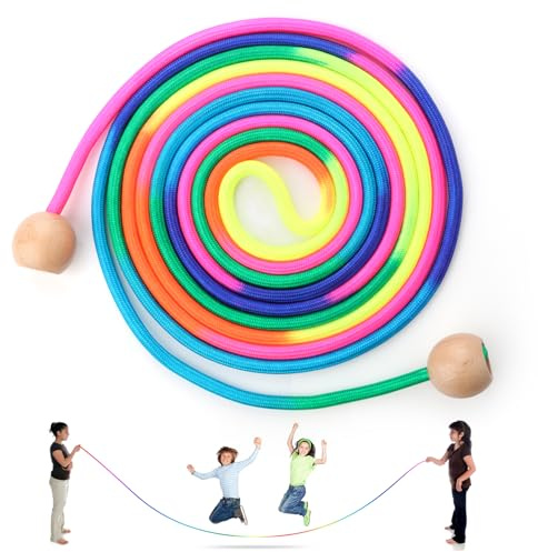 Corda per saltare multiplayer 5 metri di corda colori arcobaleno, manico a sfera in legno, per scuola, sport e attività all'aperto