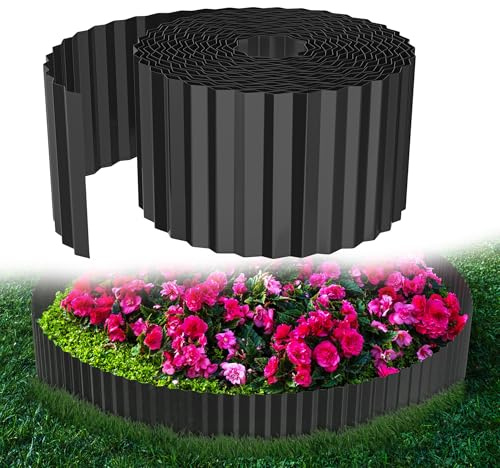 YRHome Flexible Rasenkante Beetbegrenzung 10m Länge 18cm Höhe Wellenförmig Gartenabgrenzung Gartenkante aus Metall Verzinkt Beeteinfassung für Rasen Mähkante Blumenbeet Schwarz