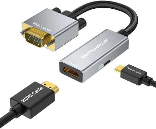 SWITCHFLUX VGA to HDMI Adapter, Uni-Directional 1080P@60Hz VGA (Source) to HDMI (Display) Converter Compatible with Computer, Laptop, Graphics Card, Monitor, Projector
