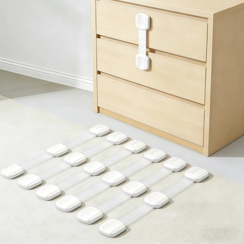 Baby Safety Straps Locks 12 Pack - Child Proof Cabinet Locks, Adjustable Baby Proofing Drawer Latches, Adhesive Cupboard Locks for Kids Toddlers, No Drilling White
