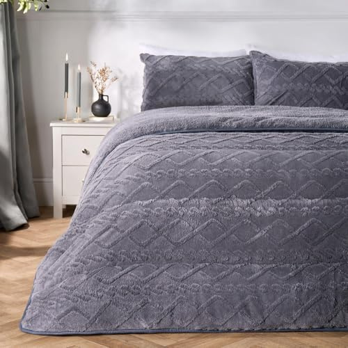 OHS Coverless Duvet King Size 10.5 Tog, Soft Warm Teddy Fleece Cable Knit Design Autumn Winter Coverless Duvet Comfy Cosy Washable Quilted King Size Duvets with Pillowcases, Grey