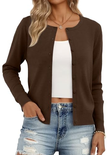 Trendy Queen Cardigan Sweaters for Women Lightweight Cropped Crew Neck Outfits Fall Fashion 2026 Spring Clothing Chocolate Brown M