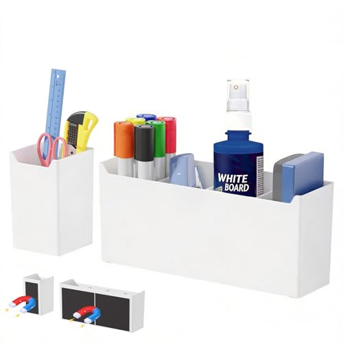 FRETONBA Magnetischer Stiftehalter Whiteboard, Groß+Klein, Weiß | Stifthalter Magnetisch mit 3 Abnehmbare Trennplatten, Magnetisch Markerhalterung, Magnet Stiftablage für Schule