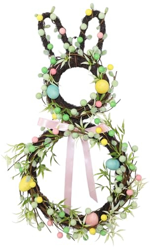 BINFEN 18 Easter Bunny Wreath – Small Bunny Shape Wreath with Pink Green & Yellow Berry and Egg Decorations, Front Door Easter Decor, Spring Wreaths for Home and Porch