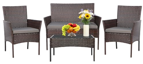 Panana Rattan Garden Furniture Set, 4 Piece Chair Sofa Set with Tempered Glass Table, Cushions Patio balcony Outdoor Conservatory Indoor