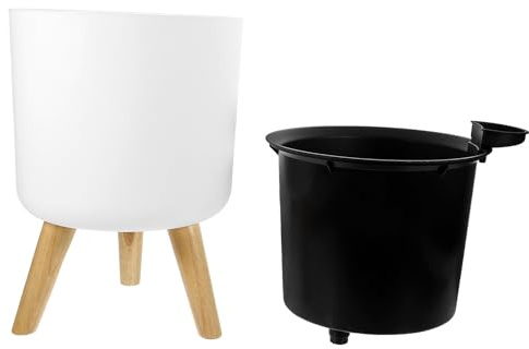 Veemoon Pot à Fleurs Moderne Blanc Support en Bois Grand Pot de Fleurs Sol Réservoir D’Eau Intégré D’intérieur et Jardin Jardinière Solide pour Salon Terrasse et Balcon