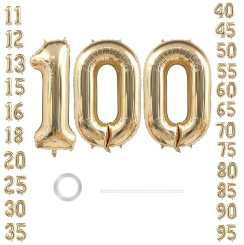GoldRock XXL ballong 100 födelsedagsdekoration, dekoration 100 födelsedag kvinna man | 100 cm sifferballonger 100, ballong födelsedagsdekoration 100 år, folieballong 100 för jubileum, 100 ballong vitguld