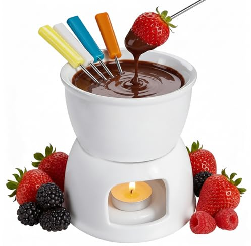 Lawei Service à Fondue au chocolat céramique avec 4 fourchettes pour fromage chocolat - Blanc, 11,5 x 12 cm