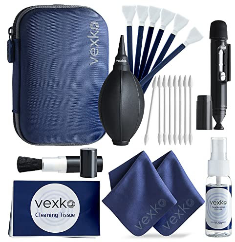 Vexko Camera Cleaning Kit for DSLR Cameras | Traveling Pouch + Camera Lens Cleaner Solution & Wipes + Microfiber Cleaning Cloths + Air Blower Nozzle + Sensor Cleaning Tissues&Swabs + Lens Pen + Brush