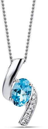 OROVI – Kette Damen aus 9 Karat (375) Weißgold mit ovalem Topas Anhänger (0.55 Ct) & Diamanten (0.03 Ct) im Brillantschliff – Edelstein Halskette Damen – Allergenfrei & handgemacht (45 cm)