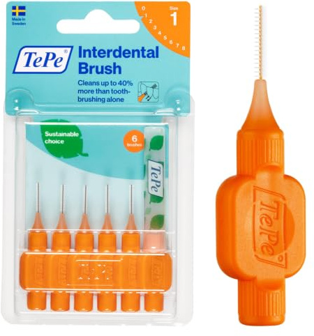 TePe Interdental Brush Original, Soft Dental Brush for Teeth Cleaning, Pack of 6, 0.45 mm, Extra-Small/Small Gaps, Orange, Size 1