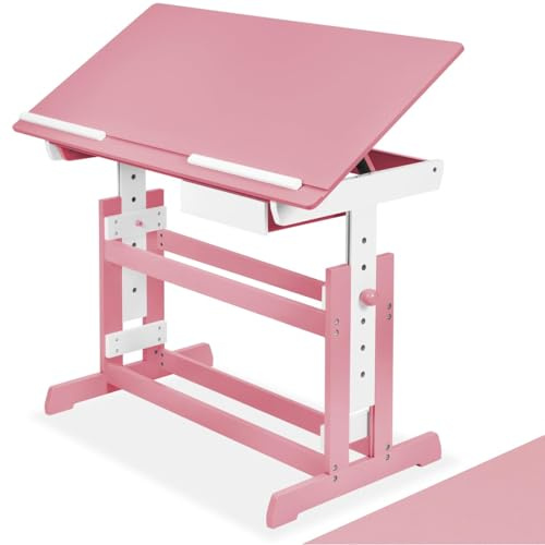 tectake® Bureau Enfant avec Rangement Plateau de Bureau inclinable Bois 109 x 55 cm Pieds de Table réglables en Hauteur, avec Un Tiroir idéal Dessin, devoirs, activités manuelles pour Chambre Enfant