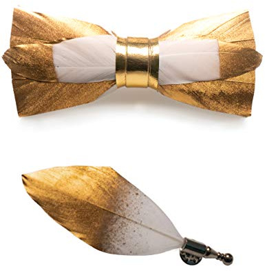 JEMYGINS Handgemacht Hochzeit Party Leder Feder Fliege Gold/Weiß Fliegen mit Geschenkbox Set für Herren In mehreren Farben(2)