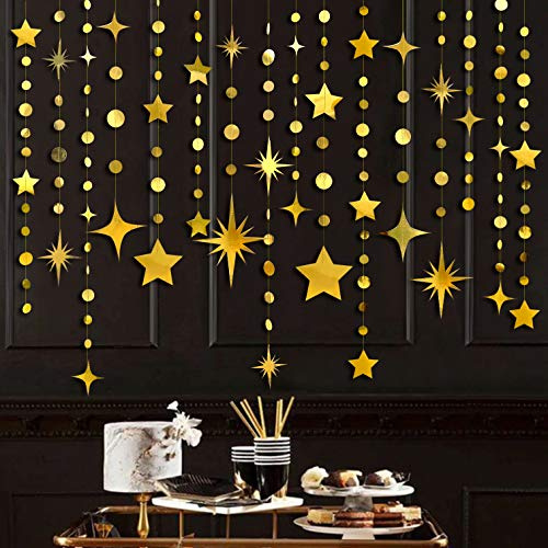 Goldene Party-Dekorationen mit Sternen, Kreis, Punkten, Papiergirlande, Wimpelkette, Girlande, Metallic, hängend, funkelnde Sterndekoration für Geburtstag, Abschlussfeier, Kinderzimmerdekoration