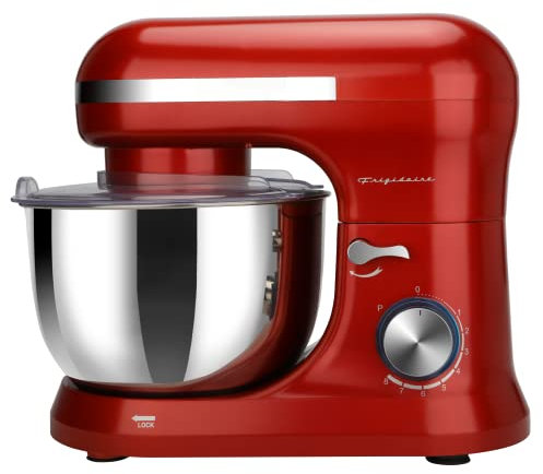 FRIGIDAIRE ESTM020-RED Retro Electric Stand Mixer, 4.75 Quart / 4.5L, 8 Speeds with Whisk, Dough Hook, Flat Beater Attachments, Splash Guard (RED)