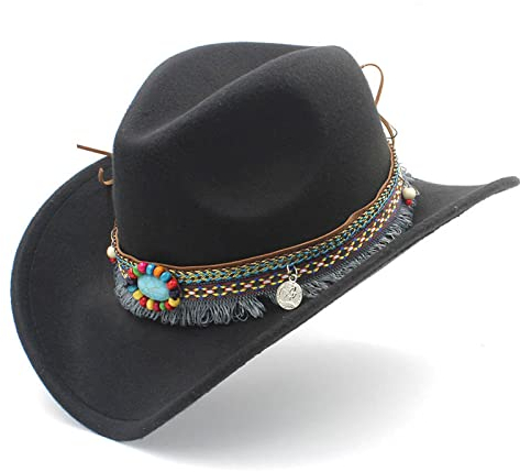 BAOZENGMUY Cowboyhüte Hohl Western Cowboyhut Quaste Gürtel Jazz Cowgirl Sombrero Cap Größe 52-54Cm 52-54Cm4-8Kids Schwarz