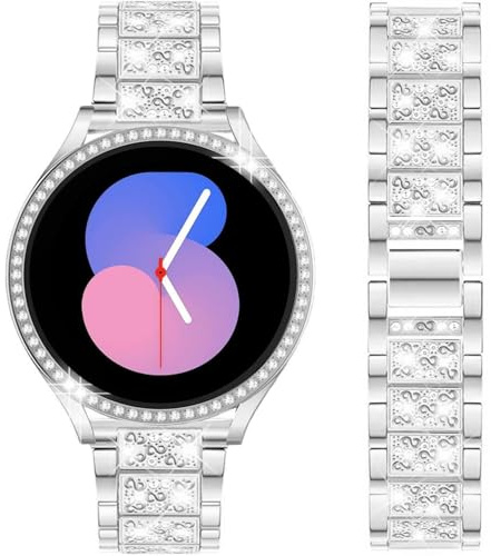 DEALELE Band kompatibelt med Samsung Galaxy 5 40 mm/44 mm/5 Pro 45 mm, 20 mm glänsande strasdiamanter, metallarmband med skyddande fodral, ersättning för kvinnor män, 40mm, Metall Strass