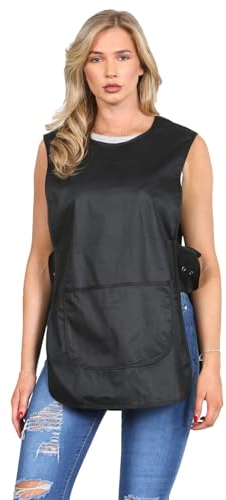 MyShoeStore, Tabard Apron Professional Kitchen Catering Cleaning Workwear with Centre Pocket Side Button Fastening Bib Style Home Work Uniform Poly Cotton Blend Twill Fabric Machine Washable Black WX