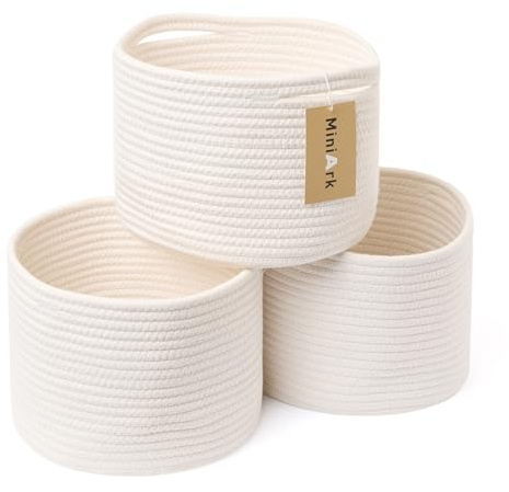 MiniArk Small Basket for Organizing | Cube Shelf Closet Storage Baskets | 9.7×9.7×7.1” | Woven Rope Gift Basket | Nursery | Round 3 Packs Off White