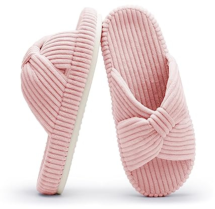 Chantomoo Slippers for Women Memory Foam House Bedroom Corduroy Bow Crossbands Slipper Shoes Comfy Trendy Gift Slippers Pink Size 9 10 8.5