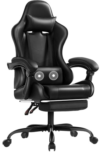 Shahoo Gaming Chair with Footrest and Massage Lumbar Support, Ergonomic Computer Chairs 360° Swivel and Height Adjustable Seat with Headrest for Office or Bedroom, Study Room, Black