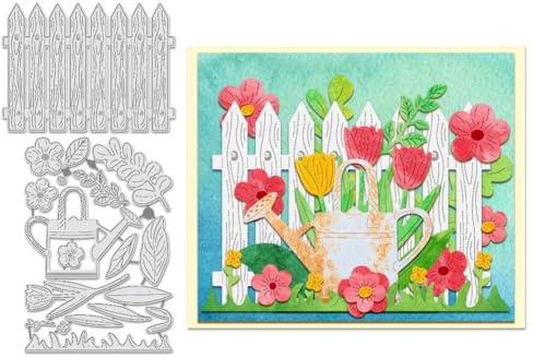 BENECREAT 2pcs Garden Fence Cutting Dies, Flower Watering Can Embossing Stencils Die Cuts for Paper Card Making Decoration DIY Scrapbooking Album Craft Decor