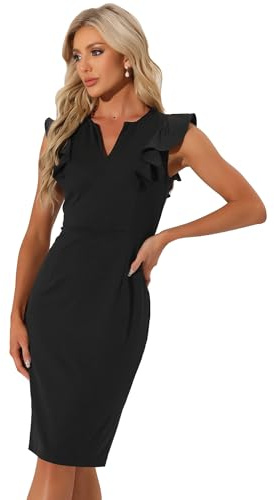 Allegra K Robe Midi Fourreau Femme à Manches Capes à Volants Col en V Robes Crayon de Business Fendue Noir L