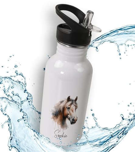 timalo® Trinkflasche für Kinder personalisiert mit Namen | auslaufsichere Edelstahl Sportflasche Kindergarten Schule Geschenk für Jungen und Mädchen 400mL | Pferd