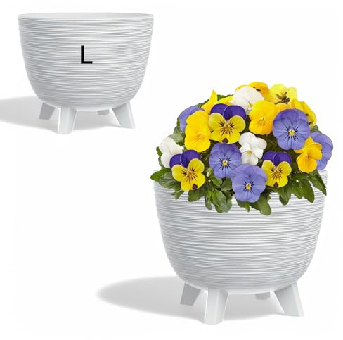 MELTOM Blumentopf mit Füßen aus Kunststoff Schale Rund Kräutertopf 3D Rillen (Weiß, L-40cm)