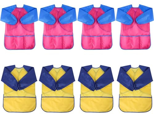 XIEJINJIA 8 Pack Kids Art Smock with Long Sleeve and 3 Pockets Children Artists Child Play Apron Boys and Girls for Cooking Painting Craft(Rose,Yelllow/S)