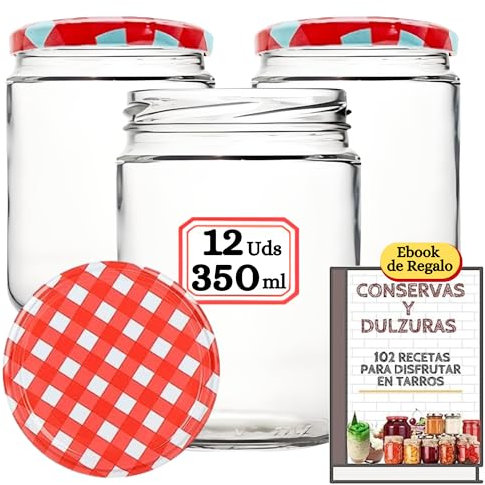 12 Tarros de Cristal de 350 ml con Tapas de Metal + EBook de 102 Recetas para Conservas - Frascos con Tapa de Rosca para Alimentos Caseros - Bote Estanco - Incluye Etiquetas (Tapas a Cuadros)