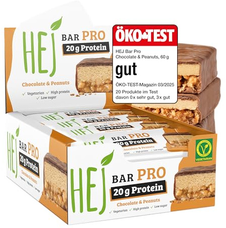 HEJ Bar Pro, Chocolate & Peanuts, 12 x 60 g, Proteinriegel mit 20g Protein | Proteinriegel, High Protein Snack, zuckerarm, vegetarisch, ohne Palmöl, ohne Zuckerzusatz & ohne künstliche Aromen